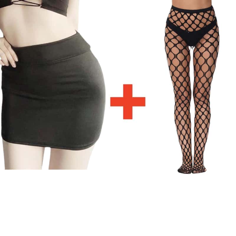2PCS/SET Women High Waist Pencil Mini Skirts+Stockings Dress Set,Sexy Casual Wrap Hips Black Short Skirt and Pantyhose