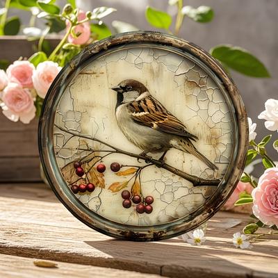 1 Nostalgische Vogel- und Kirsch-Rundholzplatte, Größe 8x 8 Zoll, 2D-bedrucktes Holz Wandbild, geeignet für Zuhause, Küche, Garten