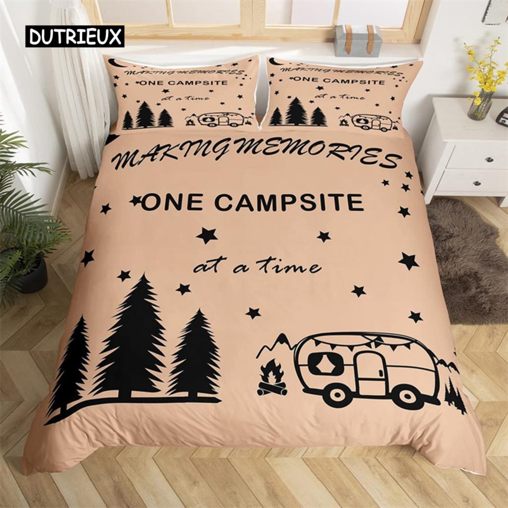 Camping Duvet Cover Microfiber Galaxy Stars Moon Happy Camping Comforter Cover Camper Truck Geometry Mountain Trees Bedding Set