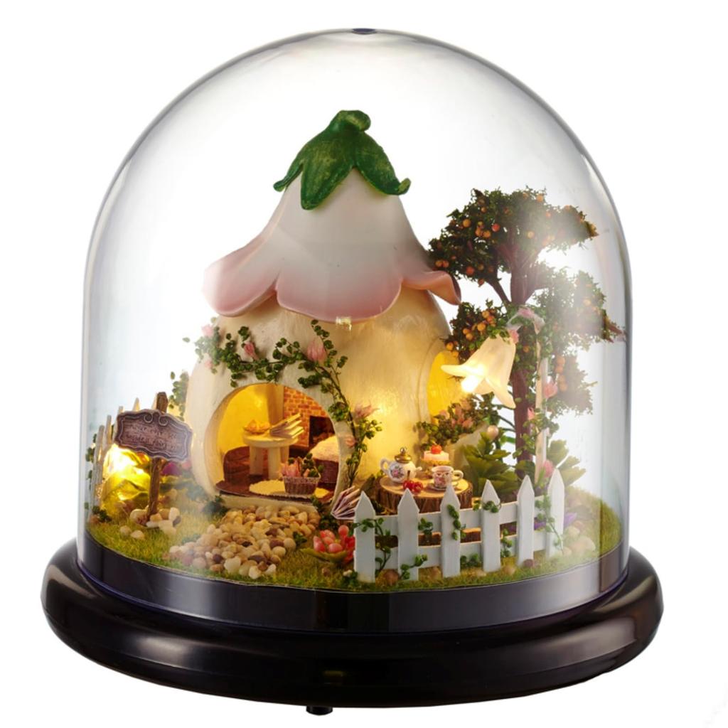 CUTEROOM DIY Miniature Dollhouse Model Kit with Plastic LED Lights Music Box Dome, & Built-in