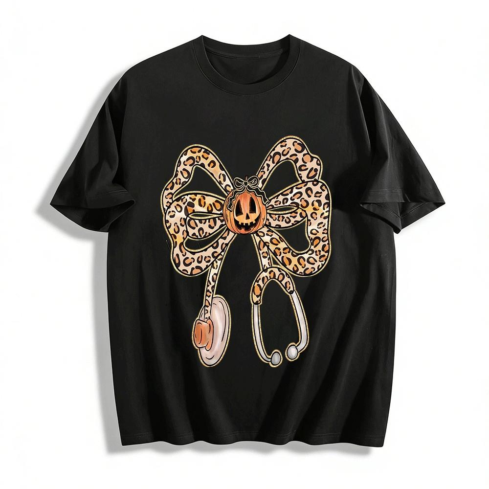 Halloween Leopard Bow Stethoscope Pumpkin Print Top Pure cotton T-shirt XXS