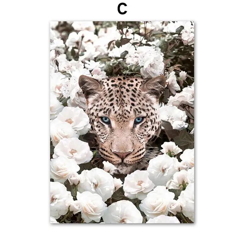 Blooming White Rose Leopard Pink Flower Beast Tiger Wall Art Mural Canvas Painting Posters Prints Decor Pictures For Living Room