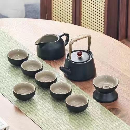 Black pottery Kung Fu tea set Household Japanese simple teapot Teacup complete set Dry brewing pot Hotel tea tray side handle pot