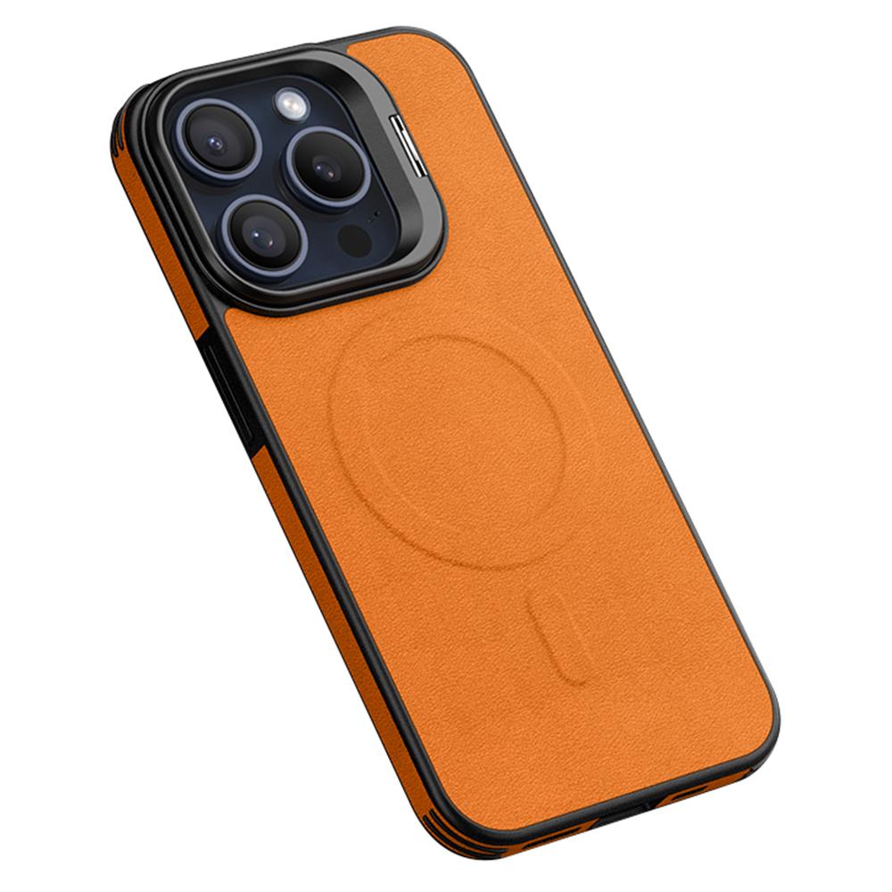 

For iPhone 16 Pro Magnetic Case with Lens Kickstand Leather Phone Back Cover Orange
