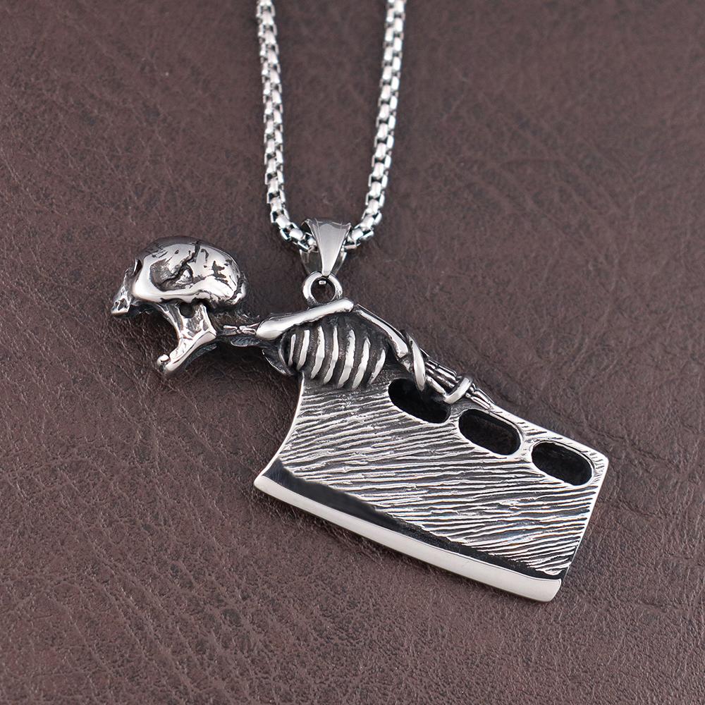 Retro Style Skull Knife Necklace Pendant for Men Punk Hip Hop Stainless Steel Skeleton Bottle Opener Gothic Jewelry