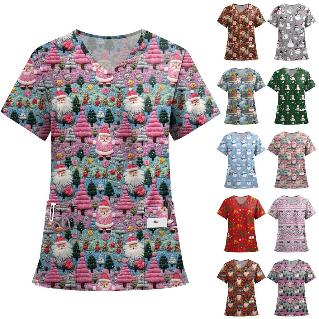 Women's Fashion Printed Short Sleeve V Neck Pattern Tops Pocket Working T-shirts