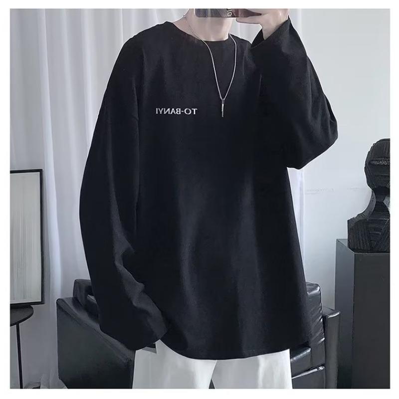 Men S Loose Long Sleeve Round Neck Casual Printed T Shirt Daily Inner Wear Top