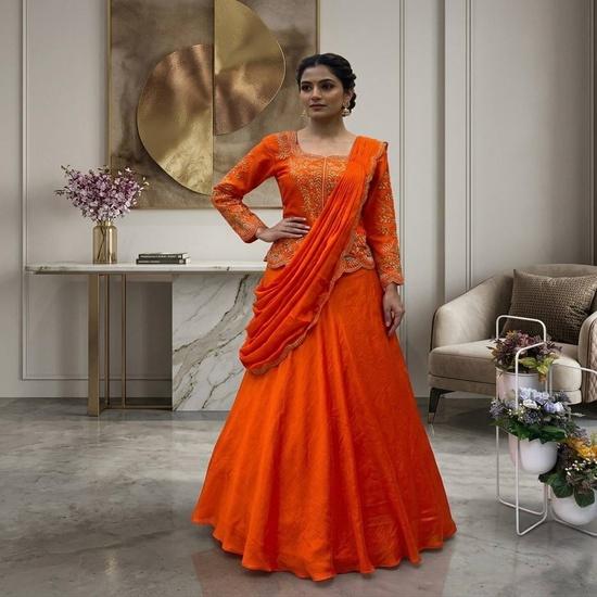 Radiant Orange Embroidered Indo-Western Lehenga Set