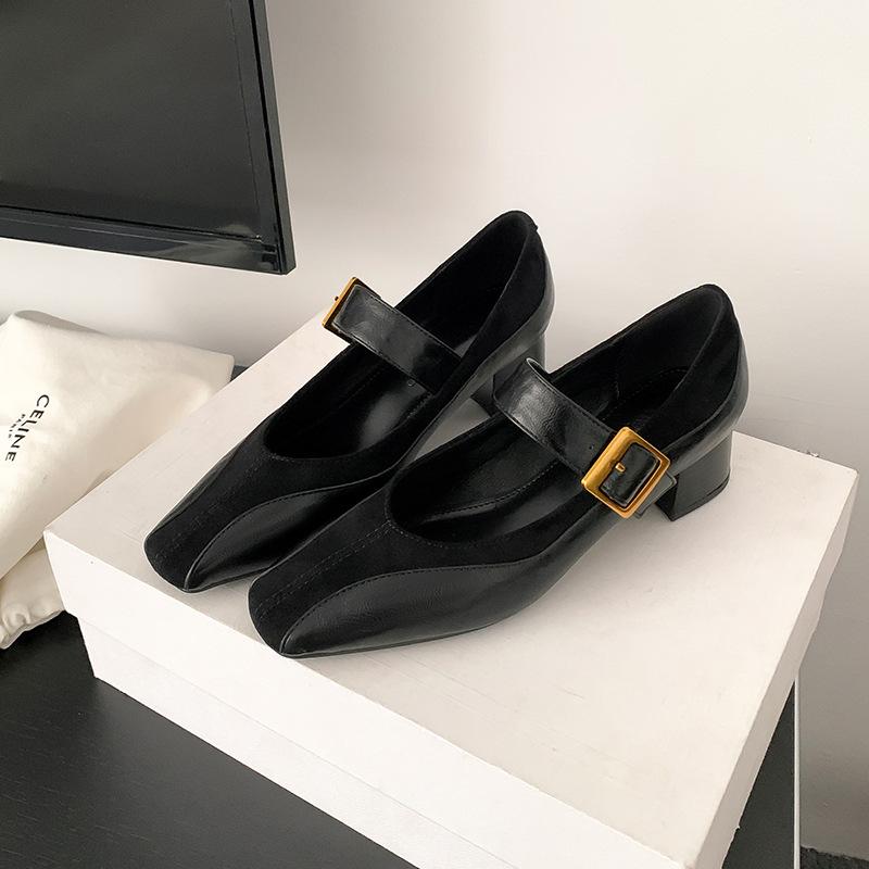 Sheepskin version spring new French retro square head one-word buckle with thick heel Mary Jane shoes versatile light mouth single shoes women