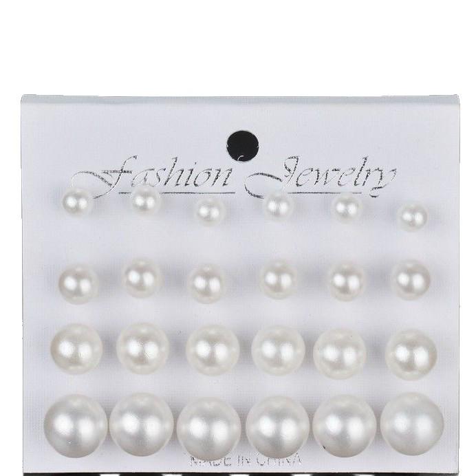 12 Pairs of White Pearl Carded Ear Studs: Authentic Minimalist Classic, Versatile Large & Small Ball Earrings Value Pack