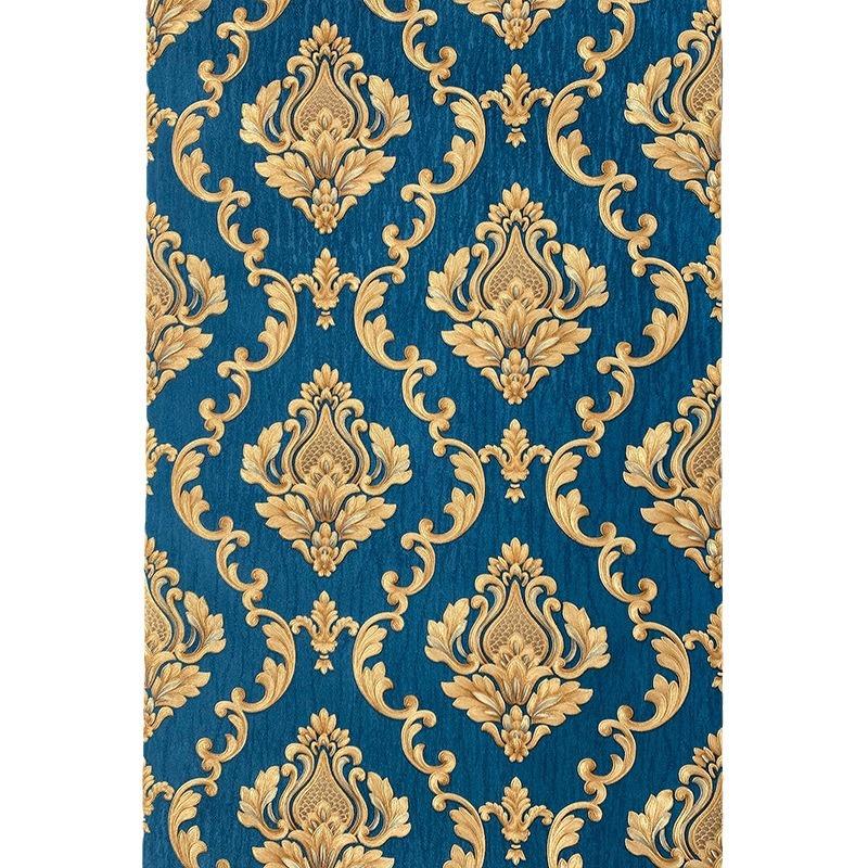 Tmavě modrá 3D evropská tapeta s velkými květinami, pozadí do ložnice a obývacího pokoje, hotel, luxusní damašková reliéfní tapeta