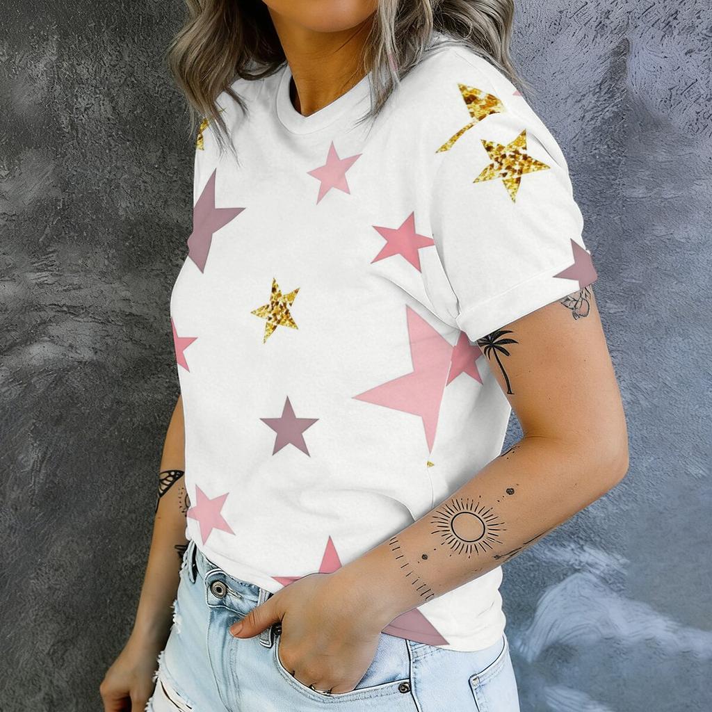 Simple and personalized graffiti star print summer women's round neck short sleeved T-shirt fashionable and versatile daily top
