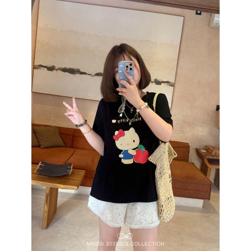 

Maxi Plus Size Women s Cartoon Print Shoulder Short Sleeve T-shirt Summer Slightly Oversized Girls Thin Loose Slim Looking Tops Black Kitty (Second Batch) L