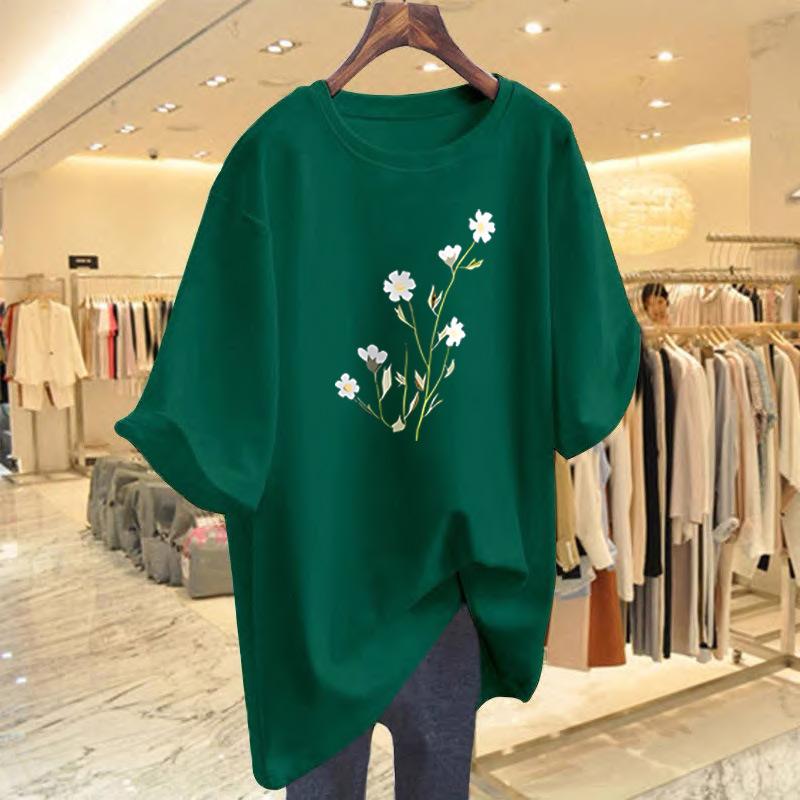 Cotton white short-sleeved t-shirt women's summer new flower print crew neck loose top bottoming shirt