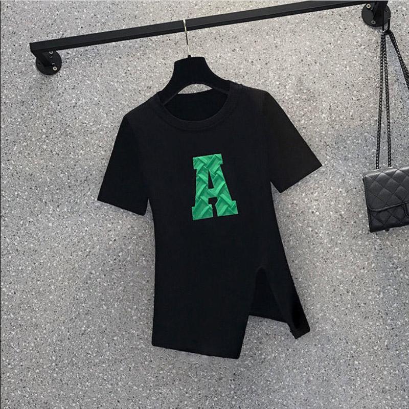 

Летняя футболка с круглым вырезом, женская дизайнерская футболка с разрезом, тонкий модный топ с короткими рукавами и надписью, крутой S чёрный