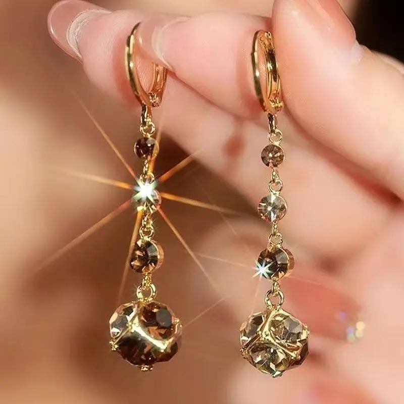 

Fashionable Elegant Exquisite Brown Rhinestone Ball Zircon Tassel Earrings For Women Everyday Accessories Party Zircon Gifts