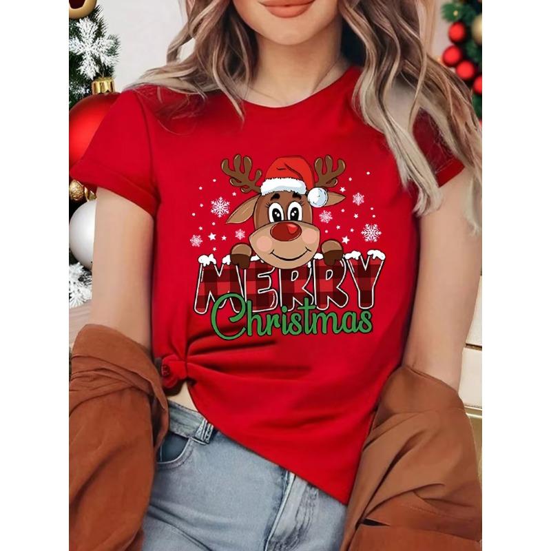 2025 Merry Christmas Cute Reindeer Print Red T-Shirts for Women Casual Short Sleeve O-neck T-Shirts Ladies Christmas Party Tops XL