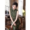 Green new Chinese Hong Kong style sleeveless long cheongsam 1011 summer new slim and thin daily wear dress