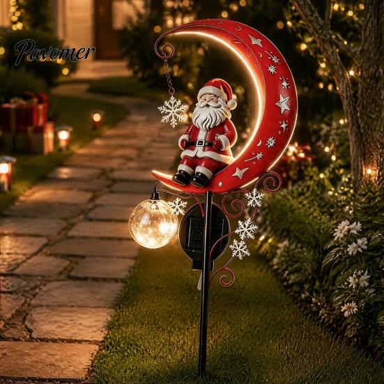 Retro Style Garden Art 31 Inch Solar-Powered Christmas Stake Light, Santa Claus on A Moon LED Pathway Auto Solar Powered Lamp Light with Snowflake