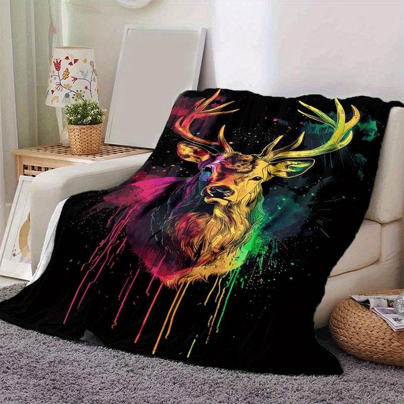 1pc Colored Deer Printing Lightweight Flannel Blanket, Comfortable and Warm Blanket, for Camping Sofa Bed and Couch Office, Gift