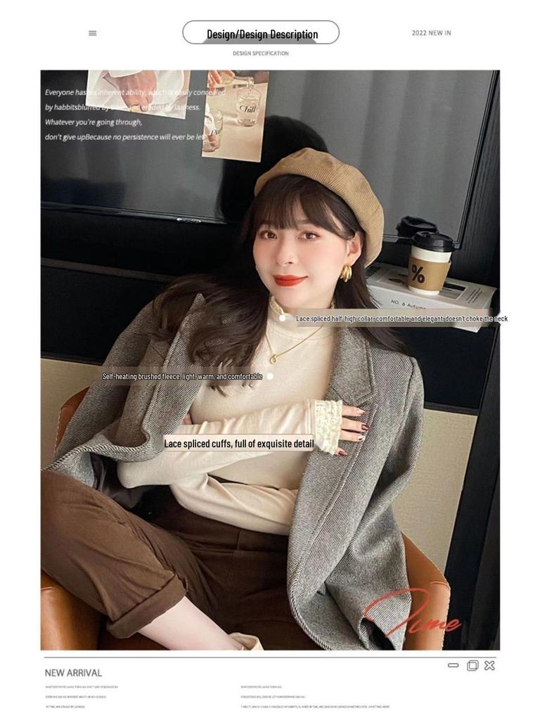 Women's Stylish Thermal Fleece Long Sleeve Lace T-Shirt, Slimming Warm Base Layer, Half-High Neck, Perfect for Autumn/Winter.