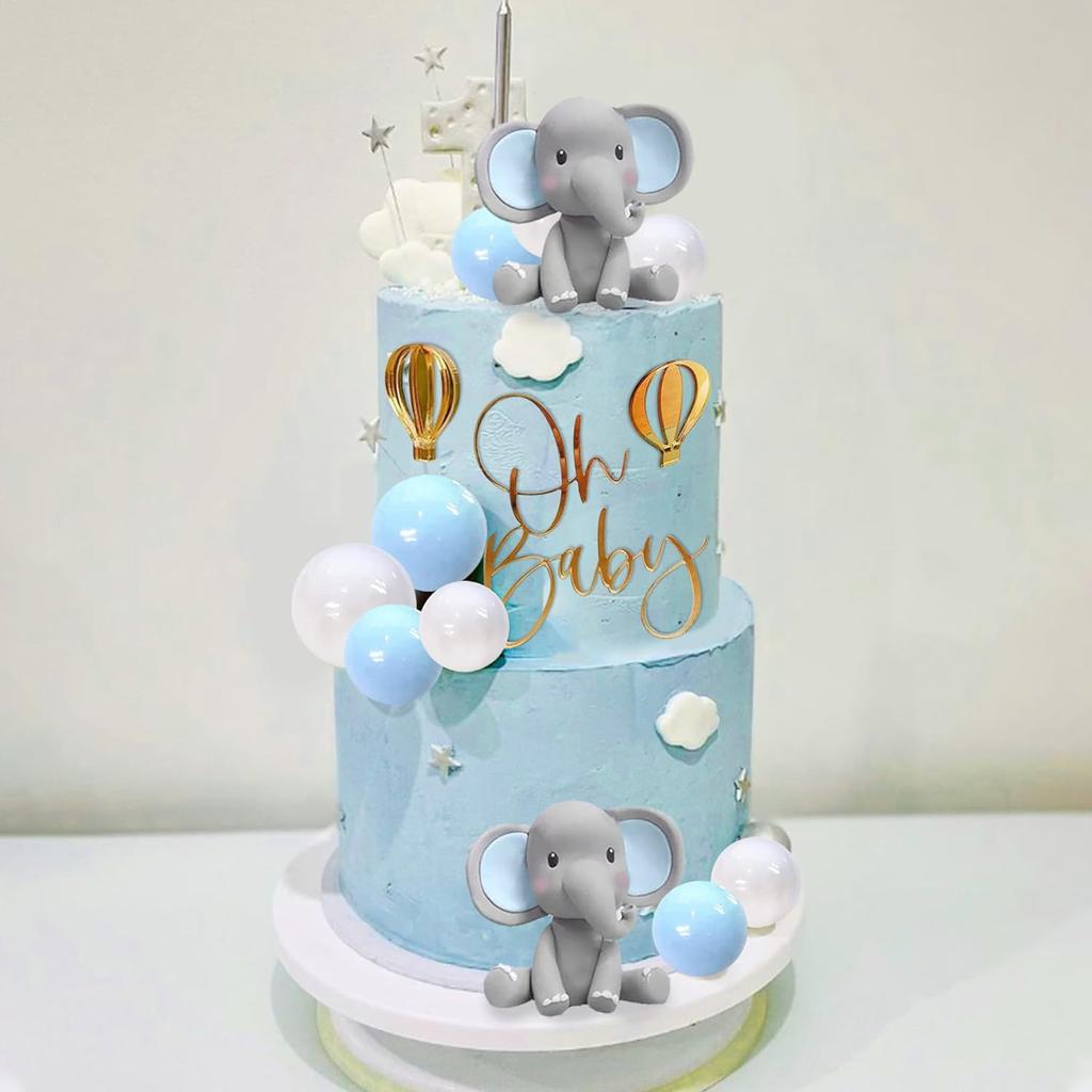 Elephant Cake Decoration Baby Cake Topper Blue White Pearl Balls Hot Air Balloon for Baby Shower Elephant Theme Birthday Party