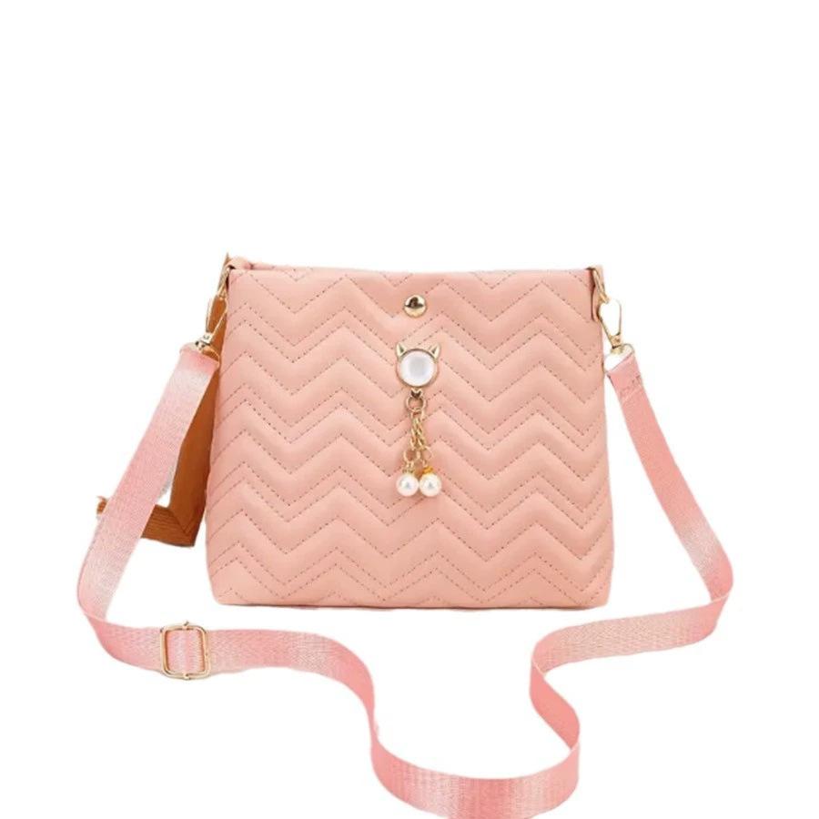 Stylish Wave Stripe Quilted Cat Pearl Pendant Decorative Simple Ladies Crossbody Bag Bag