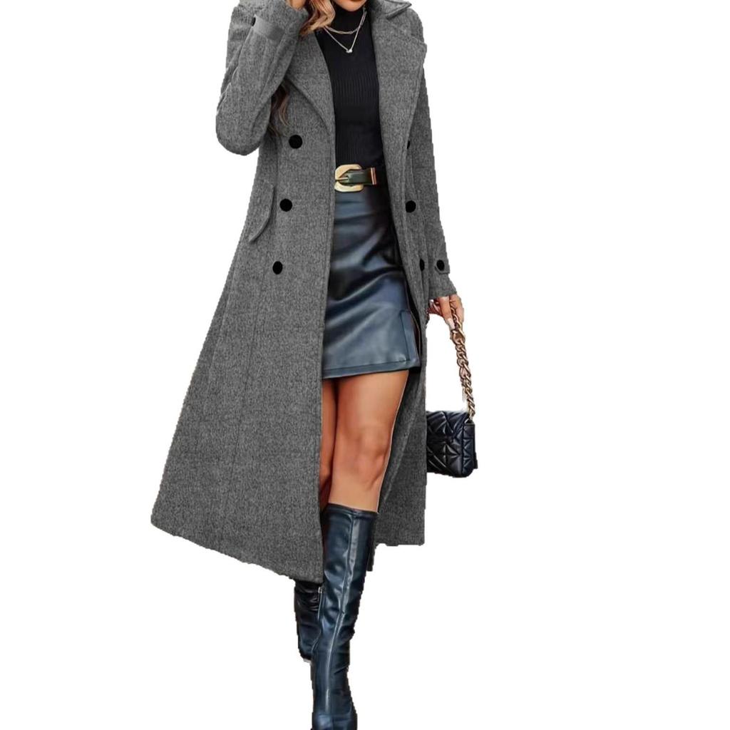 European-American Slimming Double-Breasted Mid-Length Wool Coat with Cinched Waist and Lapel 2025