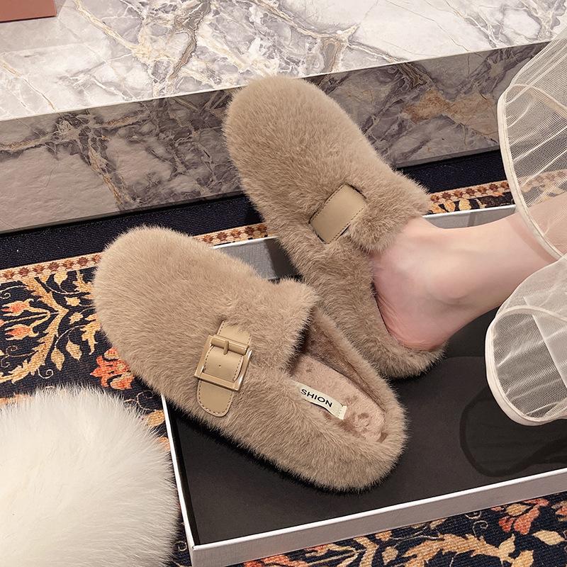 French Flat-bottomed Fluffy Slippers for Women's Outer Wear 2025 Autumn and Winter New Models Are Great-looking, One Pedal, Velvet Mary Jane Cotton M