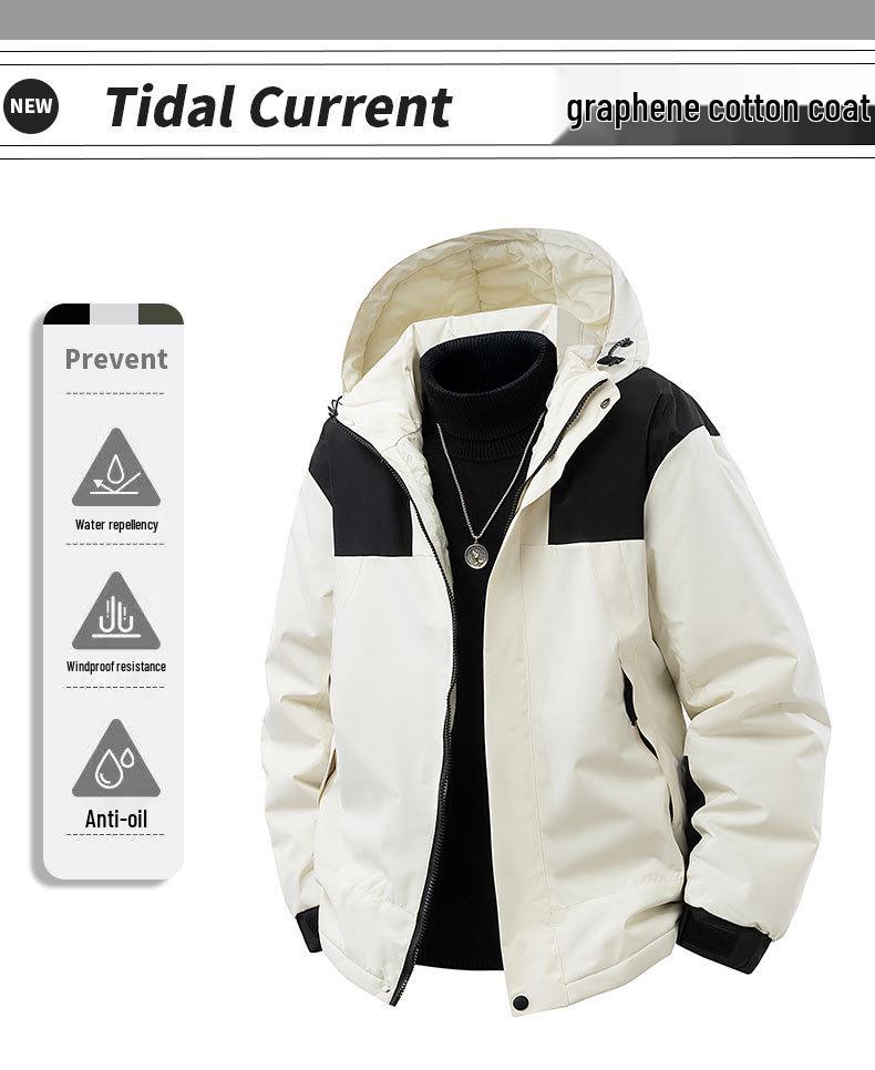 Men's 2025 Winter Color Block Windproof Hooded Cotton Jacket