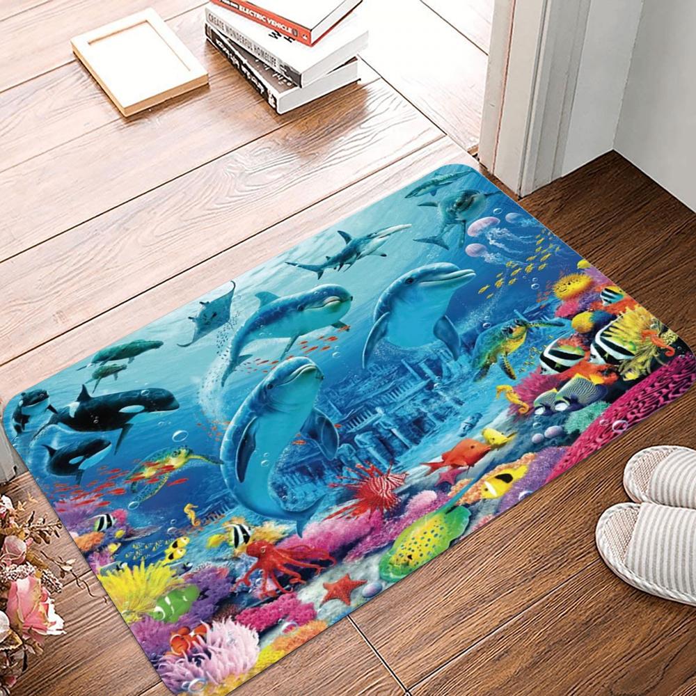 Underwater Canyon Door Mat Dolphins Tropical Fish Non-slip Entrance Rug for Home Decor Living Room Bedroom Lively Decoration