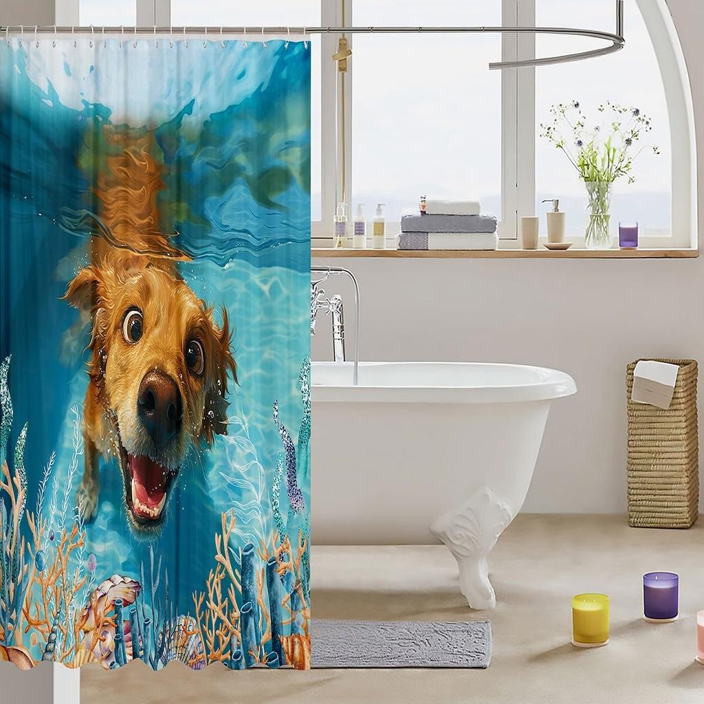 Funny Swimming Dog Fabric Shower Curtain Cute Pet Shower Curtain for Kids Ocean Theme Bathroom Waterproof Accessories with