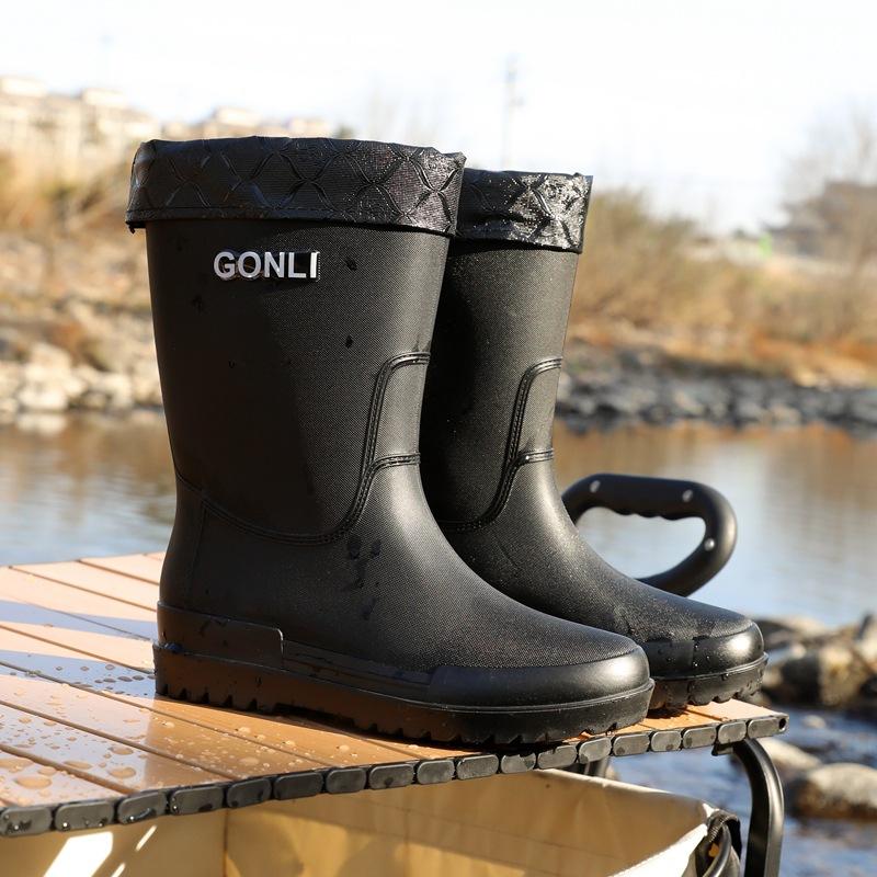 Medium Tube Rain Shoes Men's High Tube Thick-soled Non-slip Waterproof Shoes Men's Fashion Rain Boots Fishing Water Boots Thermal Rubber Shoes Fashion