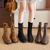 Fashion Fashion Cross Lace Up Mid Calf Boots Women Autumn Winter Low Heels Faux Suede Boots Woman Zipper Square Toe Short Booties Mujer