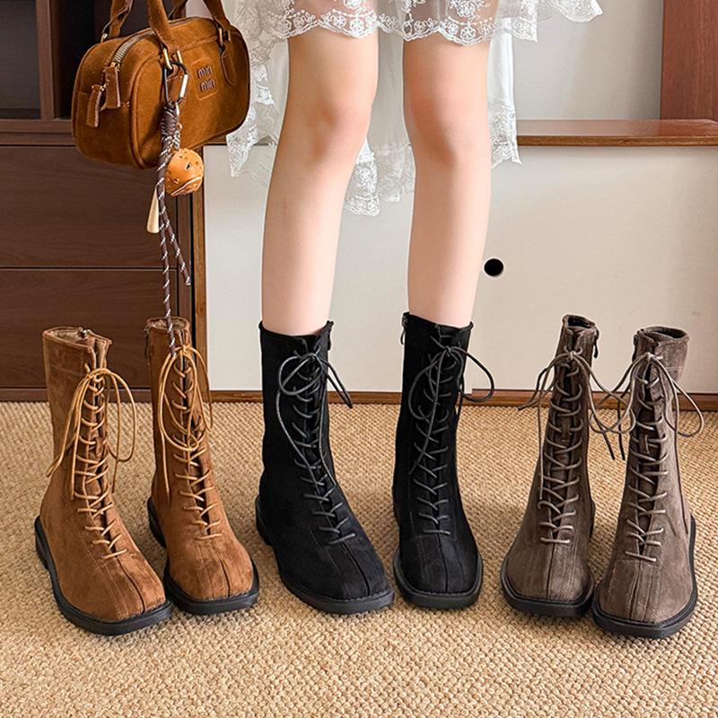 Fashion Fashion Cross Lace Up Mid Calf Boots Women Autumn Winter Low Heels Faux Suede Boots Woman Zipper Square Toe Short Booties Mujer