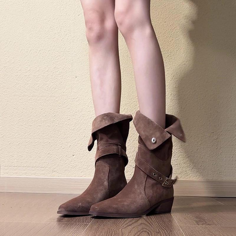 Suede pointed knight boots wasteland wind belt buckle thick heel short boots advanced sense thin two wear western boots