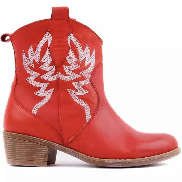 Women s Retro Chunky Heel Embroidered Ankle Boots - Warm Mid-Calf Leather, Plus Size, Low Heel 43