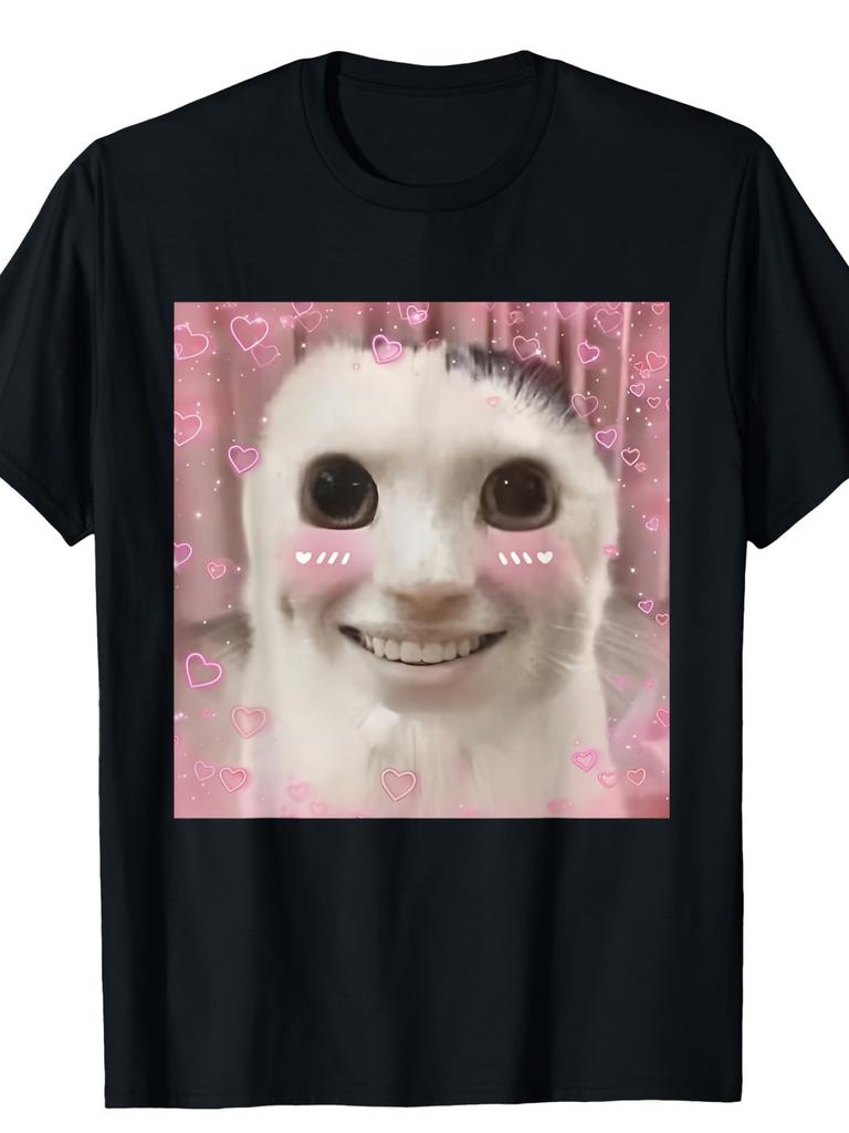 Men's Quirky Banana Cat Graphic T-Shirt Cotton Casual Fit with Cute Smiling Cat & Heart Accents Short Sleeve