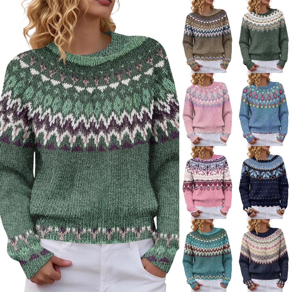 Women's Casual Long Sleeve Round Neck Soft Printed Sweater Pullover for Fall Winter