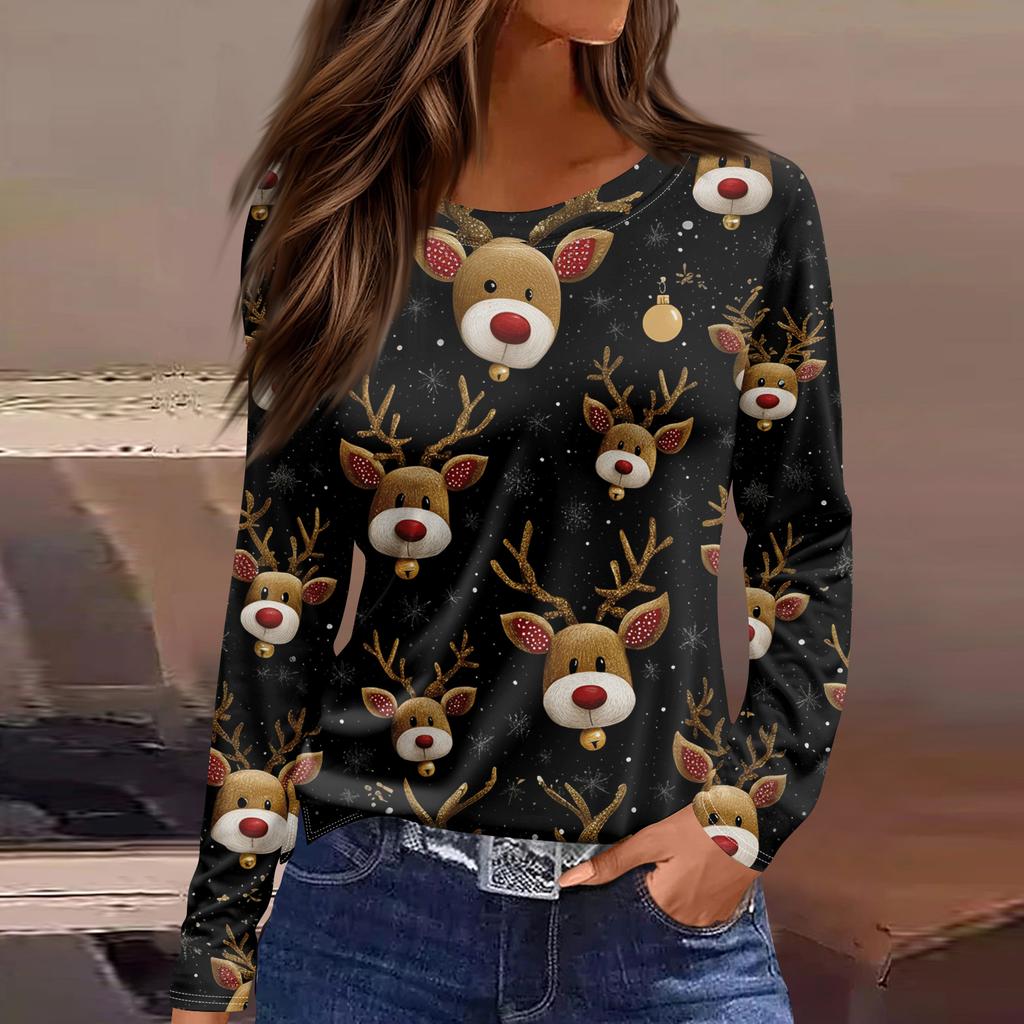 3D Santa Claus Head Printed Round Neck Long Sleeve T-shirt Fashion Casual Long Sleeve Top