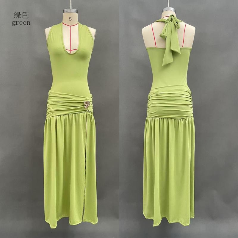 European and American summer new women's clothing neck halter solid color split slim sexy long dress dress