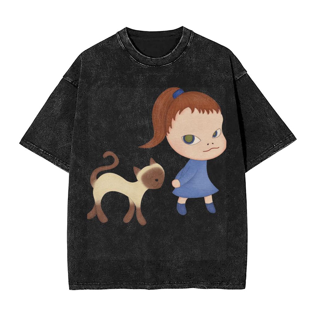 Camiseta Lavada Yoshitomo Nara Streetwear Hip Hop Camisetas Novedosas Camisetas para Hombre Mujer Manga Corta Harajuku Estampadas