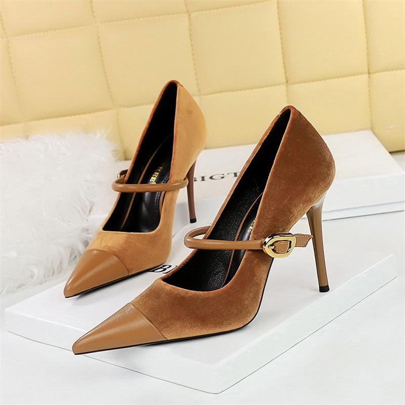 Fashion Version Party Thin High Heel Women Shoes   Velvet Shallow Mouth Pointed Toe Metal One-line Buckle Single Shoes