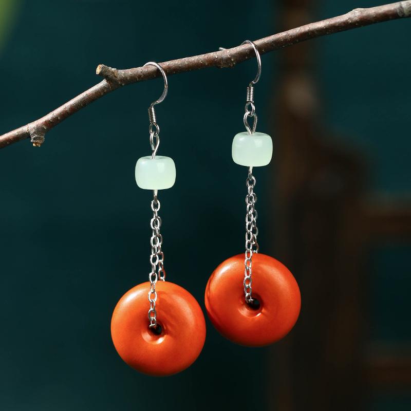 

Elegant Retro Fairy 925 Silver Needle Earrings with Imitation Cinnabar Dangle Silver Coated