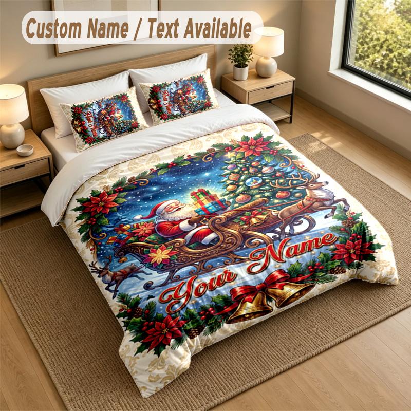 Christmas Theme Personalized 3Pcs Bedding Set Custom Text & Name 1 Sheet 2 Pillowcases Household Bedding 1pc