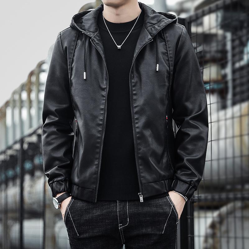 Autumn and Winter Men's Leather Jacket Leather Jacket Men's Hooded Slim Fit Motorcycle Casual Solid Color Jacket