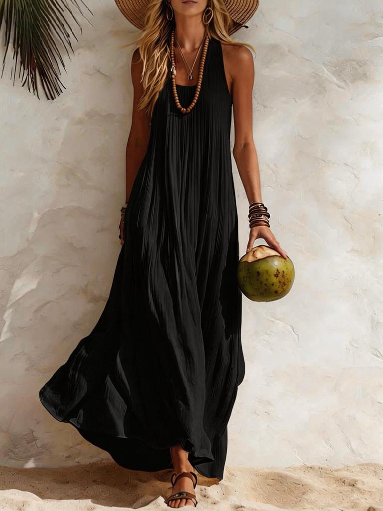 Women Halter Neck Sleeveless Maxi Dress Casual Solid Color Pleated Beach Dress