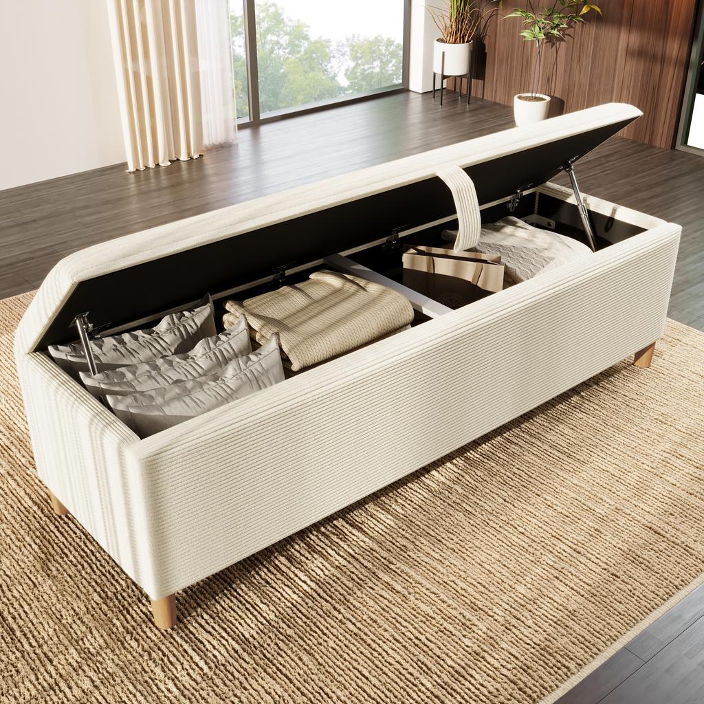 Banc de lit avec rangement, 145 x 38 cm, Banc rembourré avec rangement hydraulique, Coffre de rangement, Chambre à coucher, Salon et Couloir, Aspect velours côtelé beige.