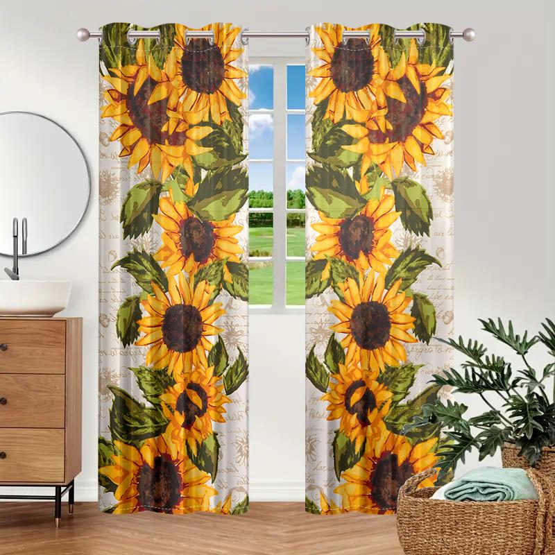 2 Pieces, Vibrant Countryside Sunflower Curtains - Semi Transparent - Suitable for Living Room, Bedroom, Office Home Decoration.