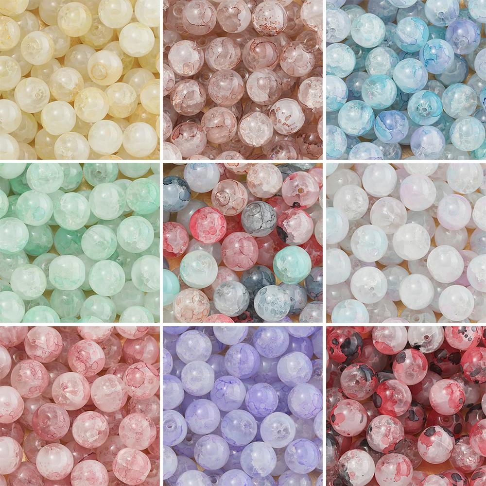 20/50pcs Crackle Flowers Glass Beads 10mm Round Spacer Loose Bead for DIY Bracelet Necklace Jewelry Making Accessories Supplies